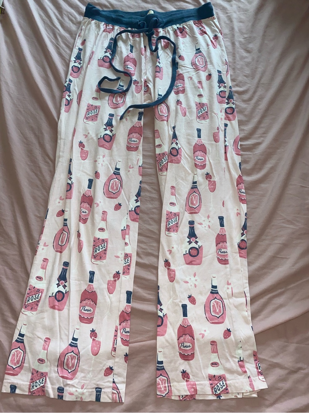 munki munki Pink Rose & Champagne Print Pajama Pants with Blue Waistband